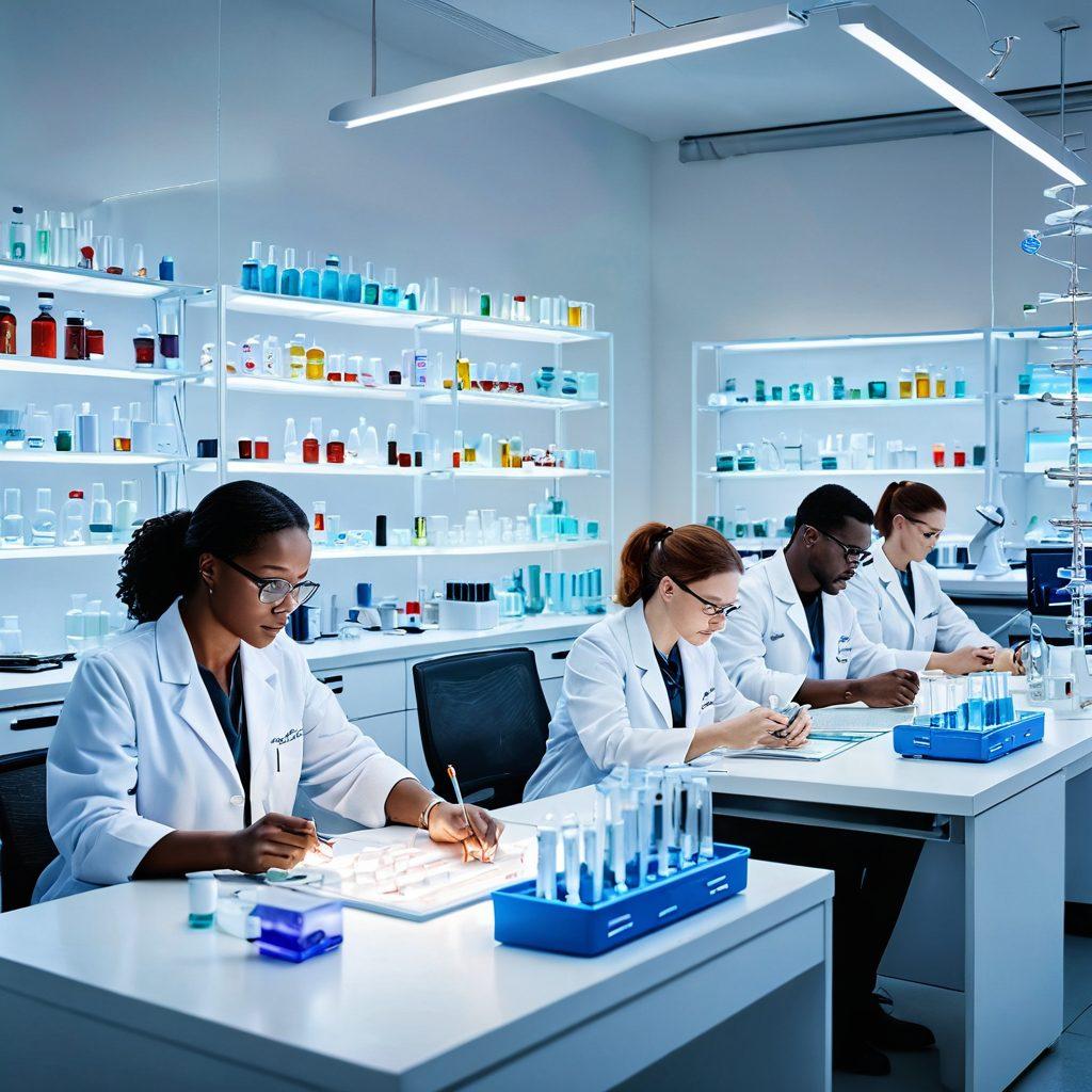 A dynamic depiction of a laboratory setting, showcasing diverse researchers collaboratively conducting clinical trials, surrounded by vials and biotechnological equipment. Overlay graphical representations of DNA strands and innovative biologics emerging from the lab, symbolizing the future of medicine. Bright, hopeful lighting to convey progress and innovation in healthcare. super-realistic. vibrant colors. white background.