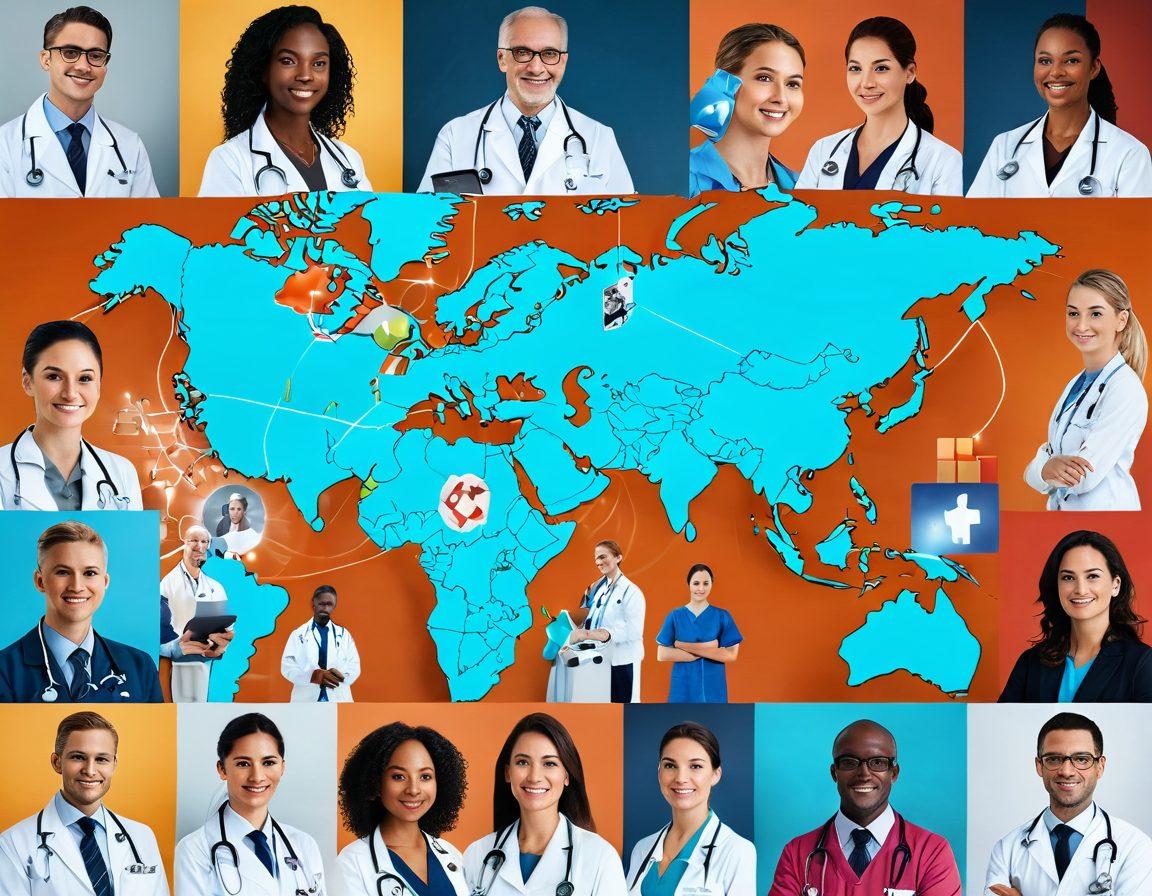 A vibrant collage depicting global healthcare innovations, featuring a diverse group of healthcare professionals using cutting-edge technology like telemedicine, wearable health devices, and AI diagnostics. Include elements representing preventative medicine such as healthy lifestyle choices, vaccinations, and patient education. A world map in the background symbolizes global impact and connectivity. The atmosphere should be hopeful and inspiring, showcasing interactions between patients and professionals. super-realistic. vibrant colors. 3D.