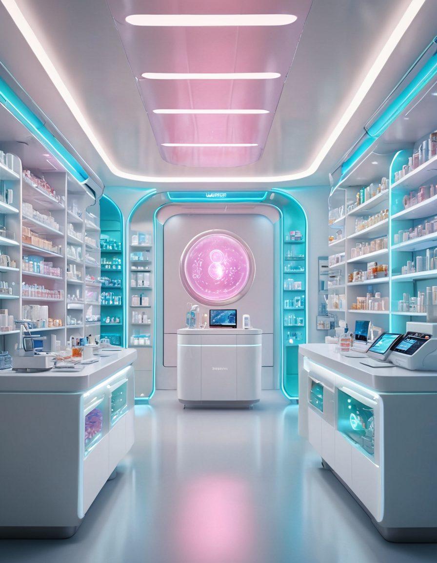 A futuristic pharmacy interior showcasing advanced medicinal products, with high-tech equipment and digital interfaces. Include vibrant holograms of innovative pills and capsules floating in the air, surrounded by diverse healthcare professionals collaborating. A warm, inviting atmosphere highlights the human touch in healthcare innovation. super-realistic. vibrant colors. 3D.